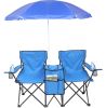 Double Folding Picnic Chairs w/Umbrella Mini Table Beverage Holder Carrying Bag for Beach Patio Pool Park Outdoor Portable Camping Chair (Blue)