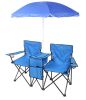 Double Folding Picnic Chairs w/Umbrella Mini Table Beverage Holder Carrying Bag for Beach Patio Pool Park Outdoor Portable Camping Chair (Blue)