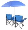 Double Folding Picnic Chairs w/Umbrella Mini Table Beverage Holder Carrying Bag for Beach Patio Pool Park Outdoor Portable Camping Chair (Blue)