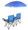 Double Folding Picnic Chairs w/Umbrella Mini Table Beverage Holder Carrying Bag for Beach Patio Pool Park Outdoor Portable Camping Chair (Blue)