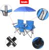 Double Folding Picnic Chairs w/Umbrella Mini Table Beverage Holder Carrying Bag for Beach Patio Pool Park Outdoor Portable Camping Chair (Blue)